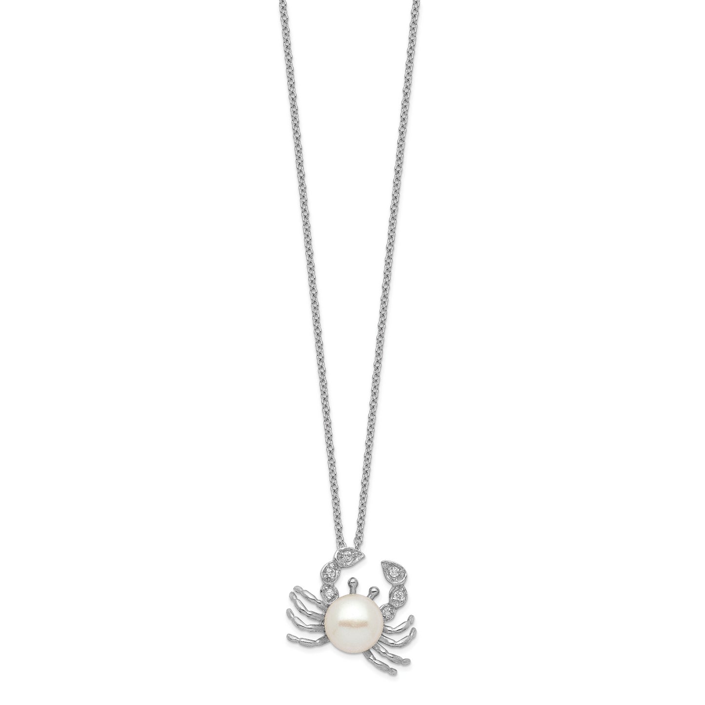 Sterling Silver Cheryl M Rhodium-Plated Freshwater Cultured Pearl And Brilliant-Cut Cz Crab 18 Inch Necklace