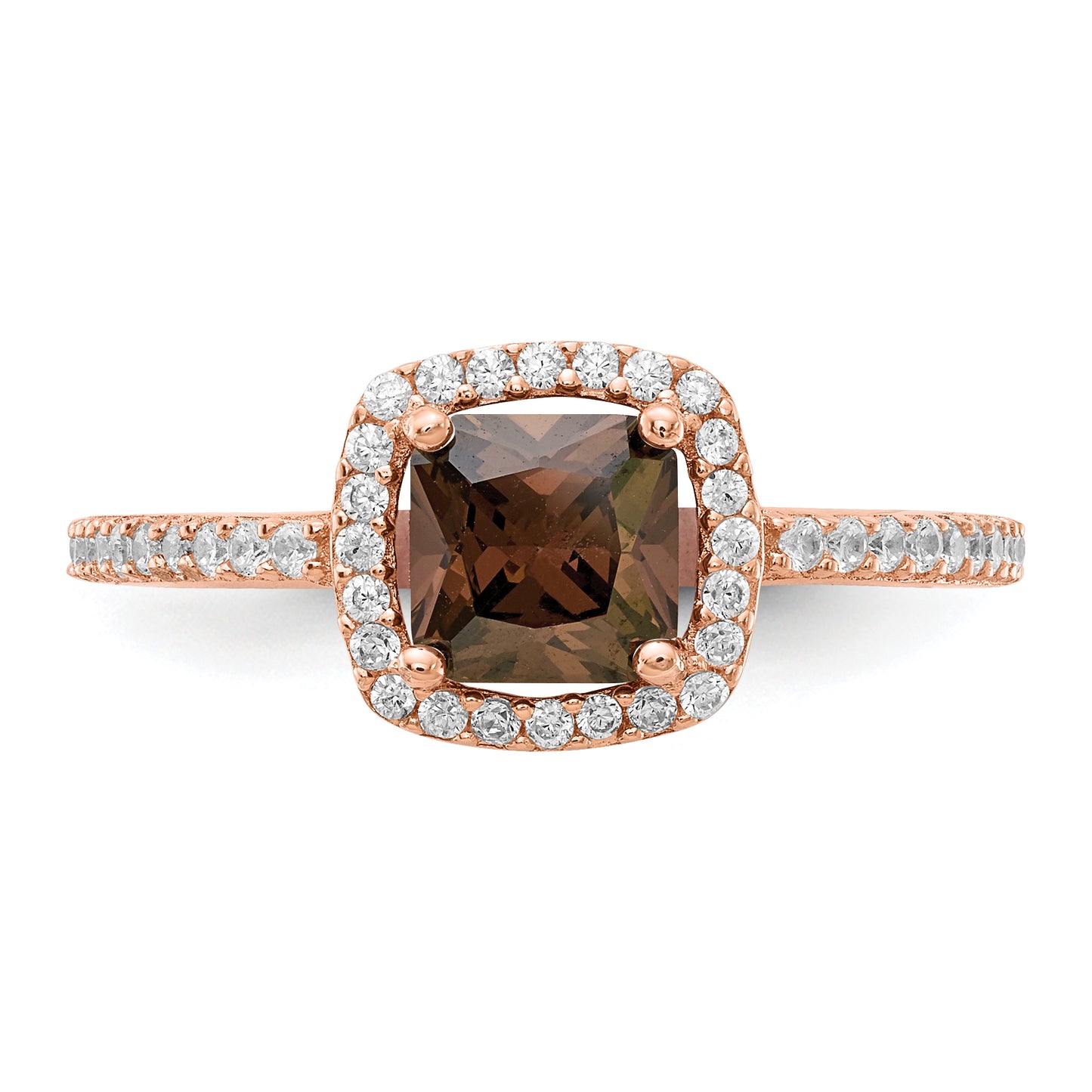 Sterling Silver Cheryl M Rose Gold-Plated Cocoa Cushion-Cut And White Brilliant-Cut Cz Halo Ring