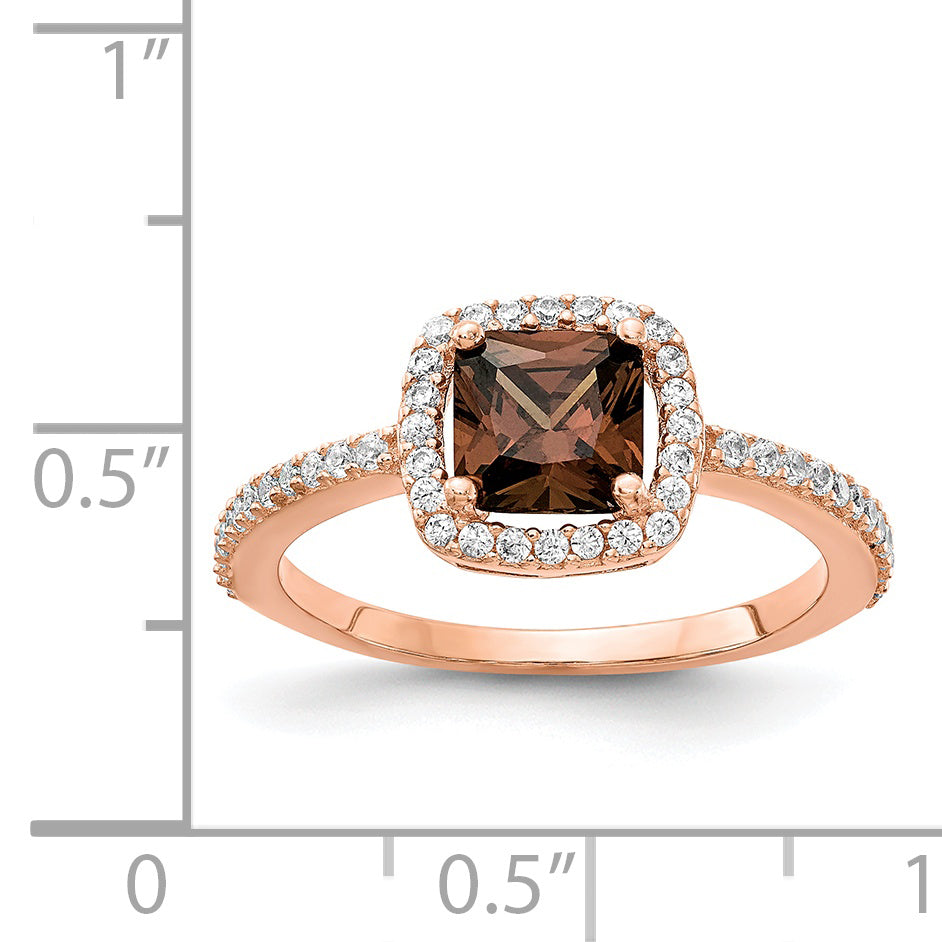 Sterling Silver Cheryl M Rose Gold-Plated Cocoa Cushion-Cut And White Brilliant-Cut Cz Halo Ring