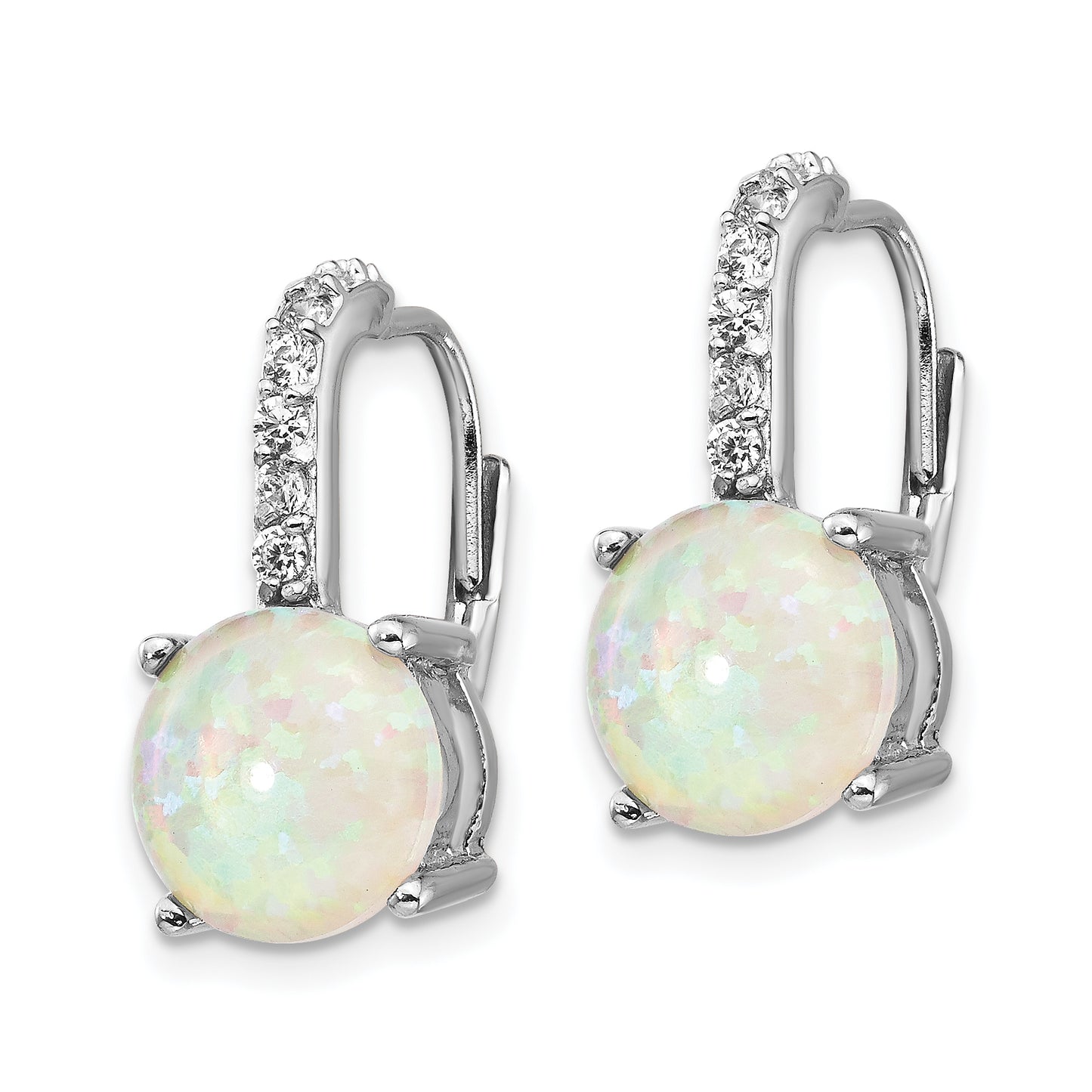 Sterling Silver Cheryl M Rhodium-Plated Cabochon Lab Created Opal And Brilliant-Cut Cz Leverback Earrings