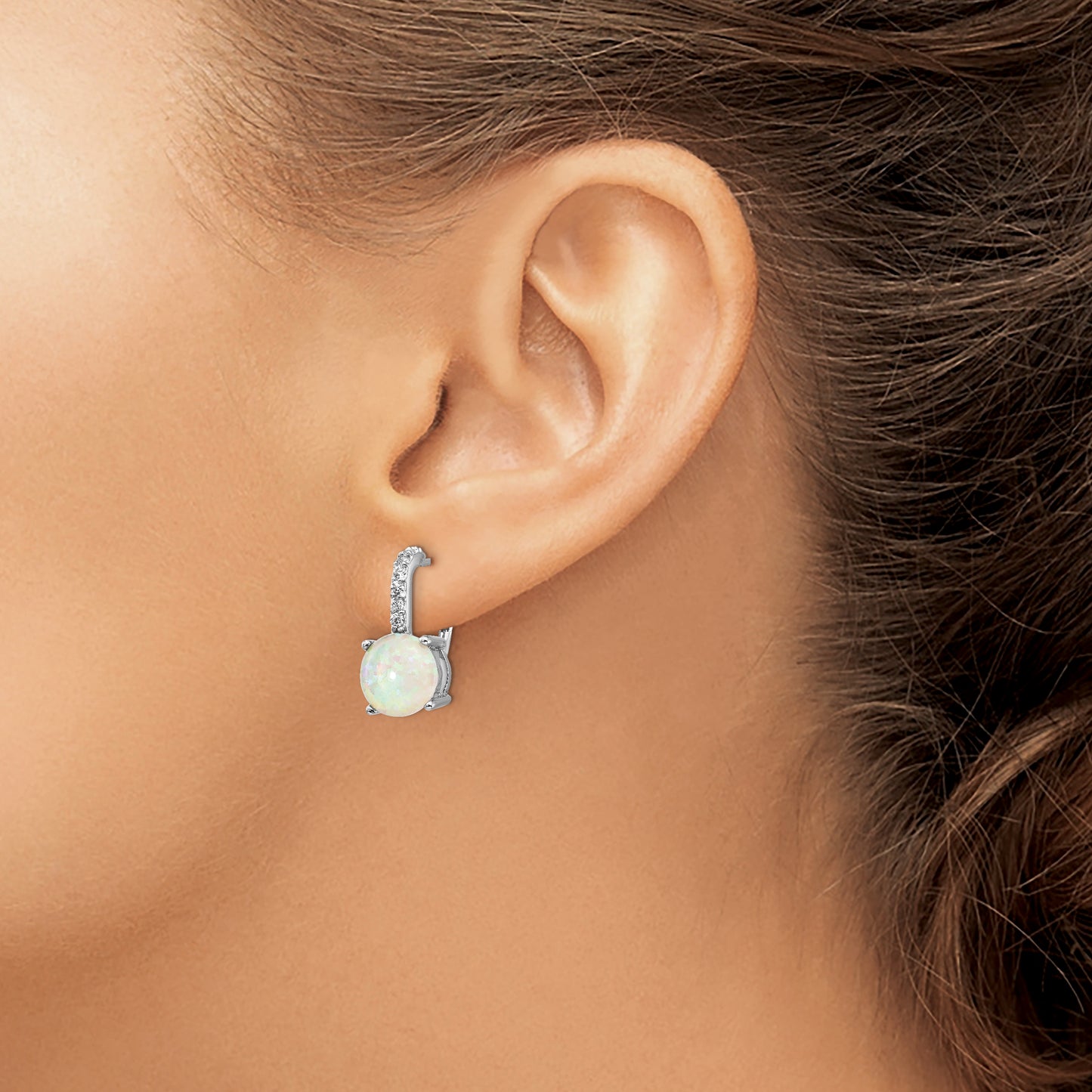 Sterling Silver Cheryl M Rhodium-Plated Cabochon Lab Created Opal And Brilliant-Cut Cz Leverback Earrings