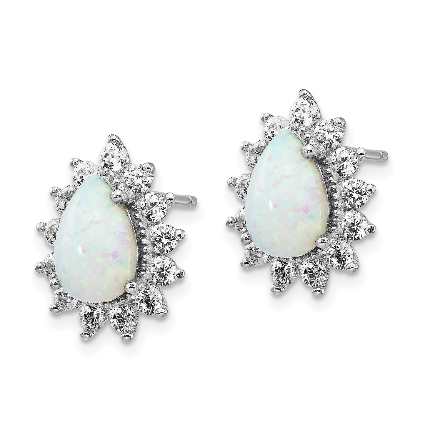 Sterling Silver Cheryl M Rhodium-Plated Cabochon Lab Created Opal And Brilliant-Cut Cz Teardrop Halo Post Earrings