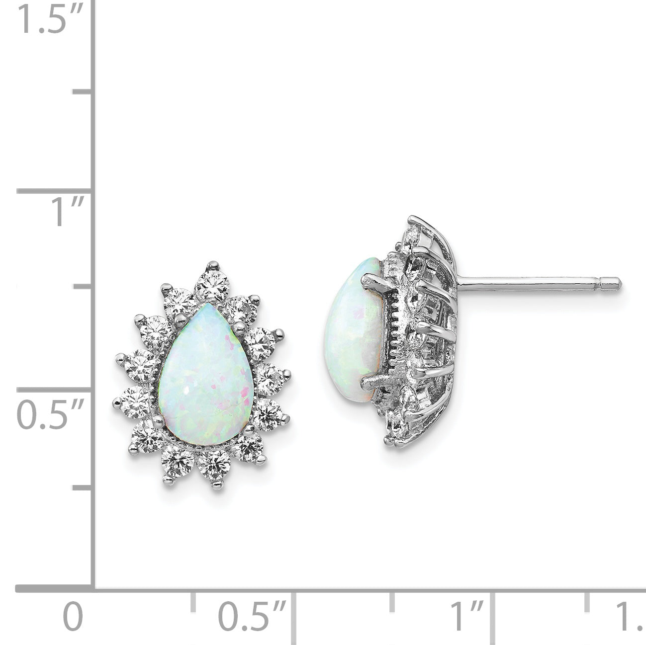 Sterling Silver Cheryl M Rhodium-Plated Cabochon Lab Created Opal And Brilliant-Cut Cz Teardrop Halo Post Earrings