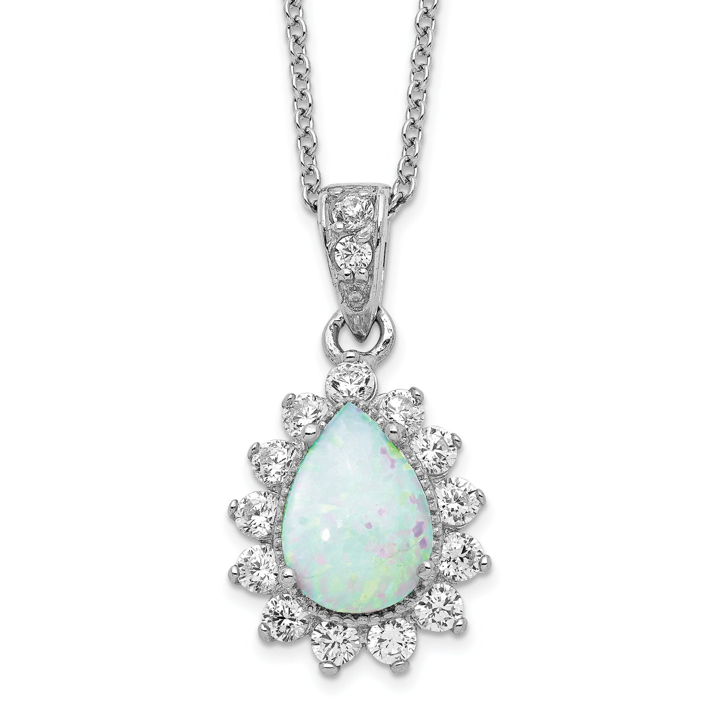 Sterling Silver Cheryl M Rhodium-Plated Cabochon Lab Created Opal And Brilliant-Cut Cz Teardrop Halo 18 Inch Necklace