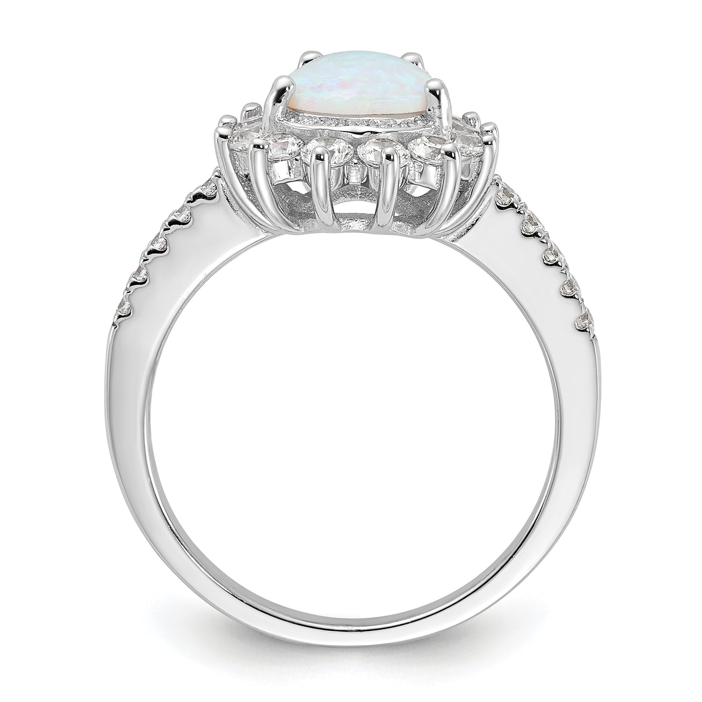 Sterling Silver Cheryl M Rhodium-Plated Cabochon Lab Created Opal And Brilliant-Cut Cz Teardrop Halo Ring