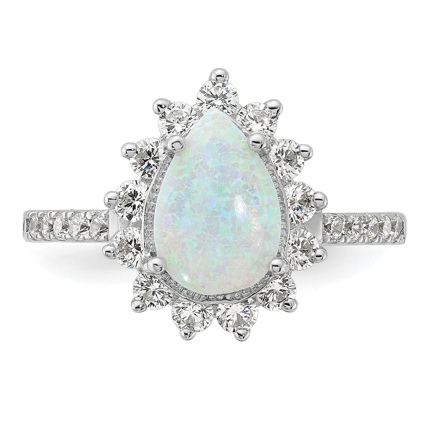 Sterling Silver Cheryl M Rhodium-Plated Cabochon Lab Created Opal And Brilliant-Cut Cz Teardrop Halo Ring