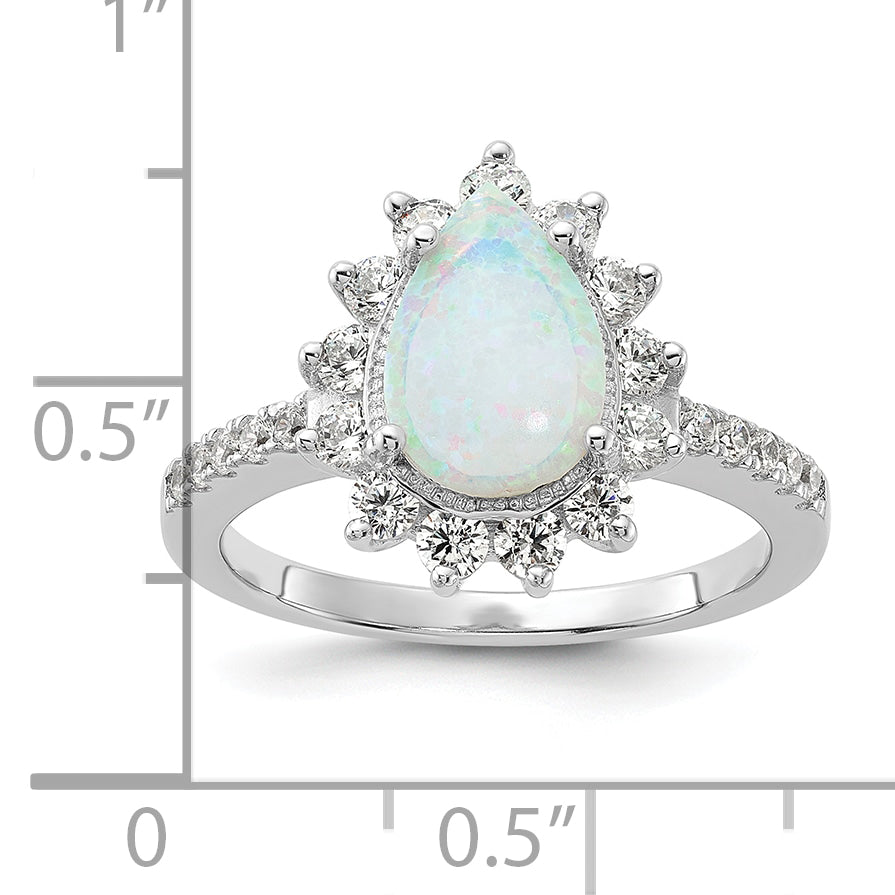 Sterling Silver Cheryl M Rhodium-Plated Cabochon Lab Created Opal And Brilliant-Cut Cz Teardrop Halo Ring