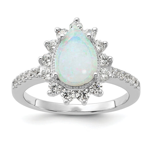 Sterling Silver Cheryl M Rhodium-Plated Cabochon Lab Created Opal And Brilliant-Cut Cz Teardrop Halo Ring