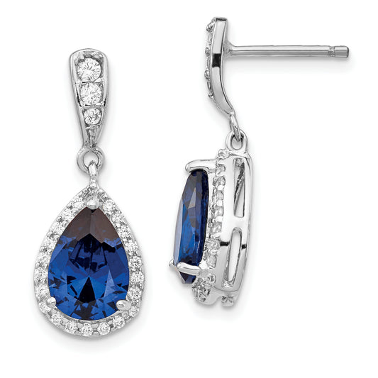 Sterling Silver Cheryl M Rhodium-Plated Brilliant-Cut Lab Created Dark Blue Spinel And White Cz Teardrop Post Dangle Earrings