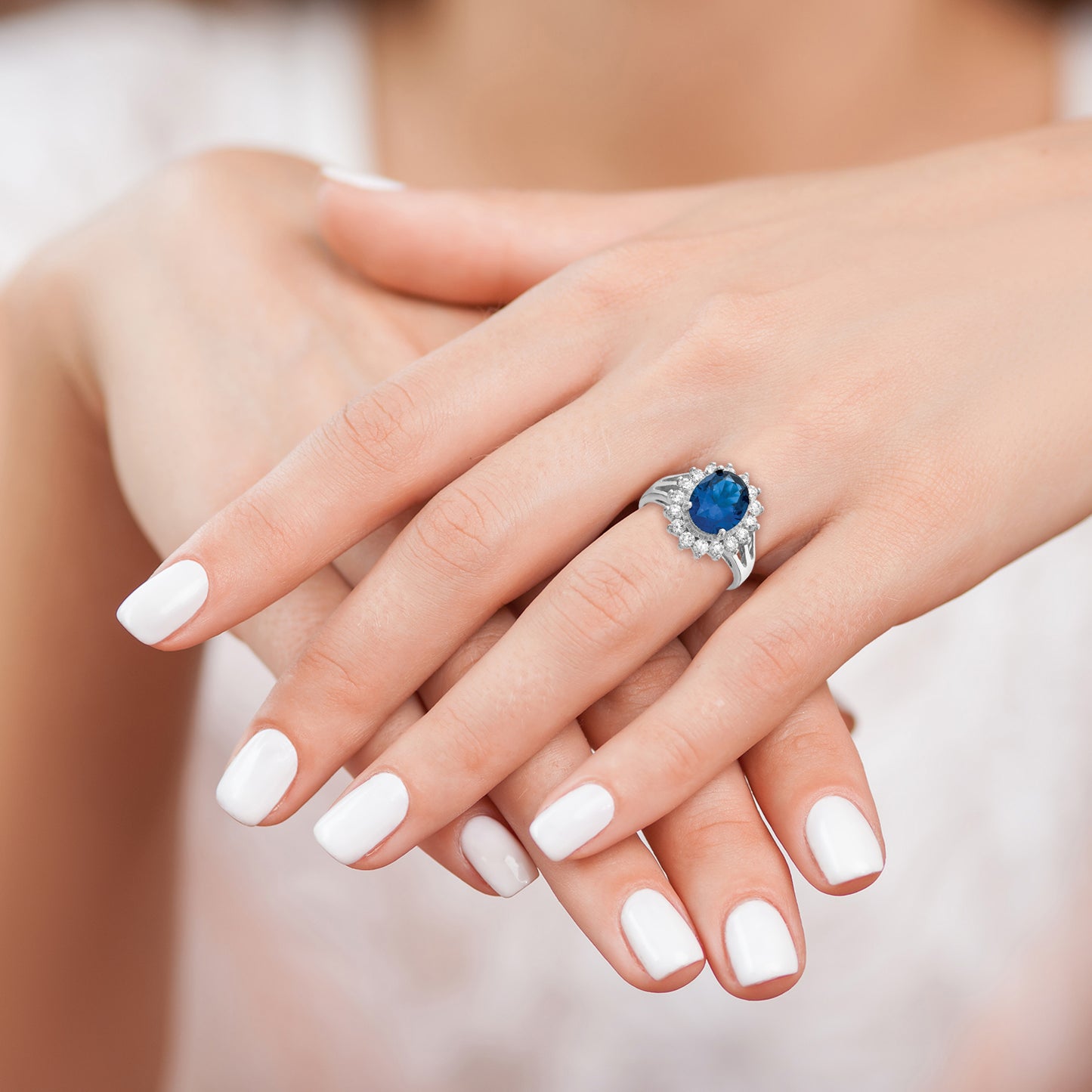 Sterling Silver Cheryl M Rhodium-Plated Brilliant-Cut Lab Created Dark Blue Spinel And White Cz Oval Halo Ring