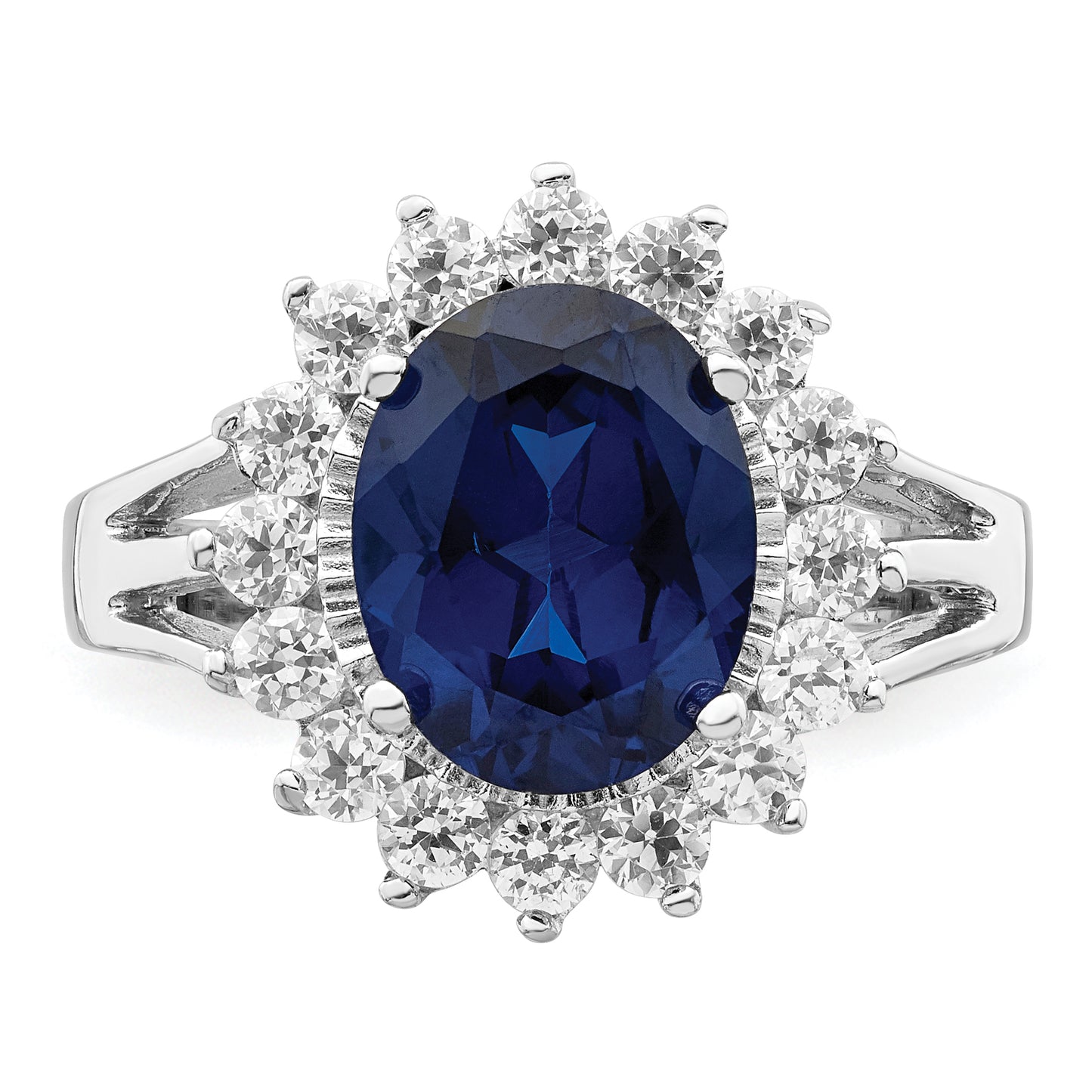 Sterling Silver Cheryl M Rhodium-Plated Brilliant-Cut Lab Created Dark Blue Spinel And White Cz Oval Halo Ring