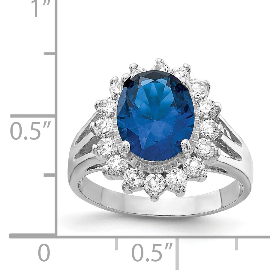 Sterling Silver Cheryl M Rhodium-Plated Brilliant-Cut Lab Created Dark Blue Spinel And White Cz Oval Halo Ring