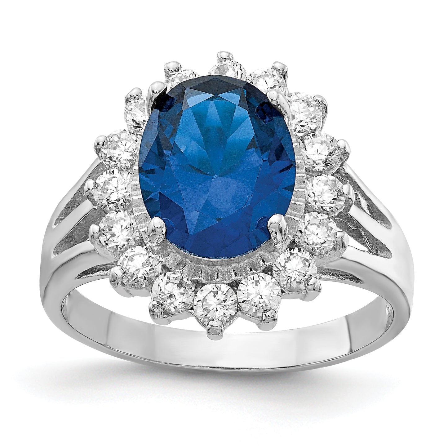 Sterling Silver Cheryl M Rhodium-Plated Brilliant-Cut Lab Created Dark Blue Spinel And White Cz Oval Halo Ring