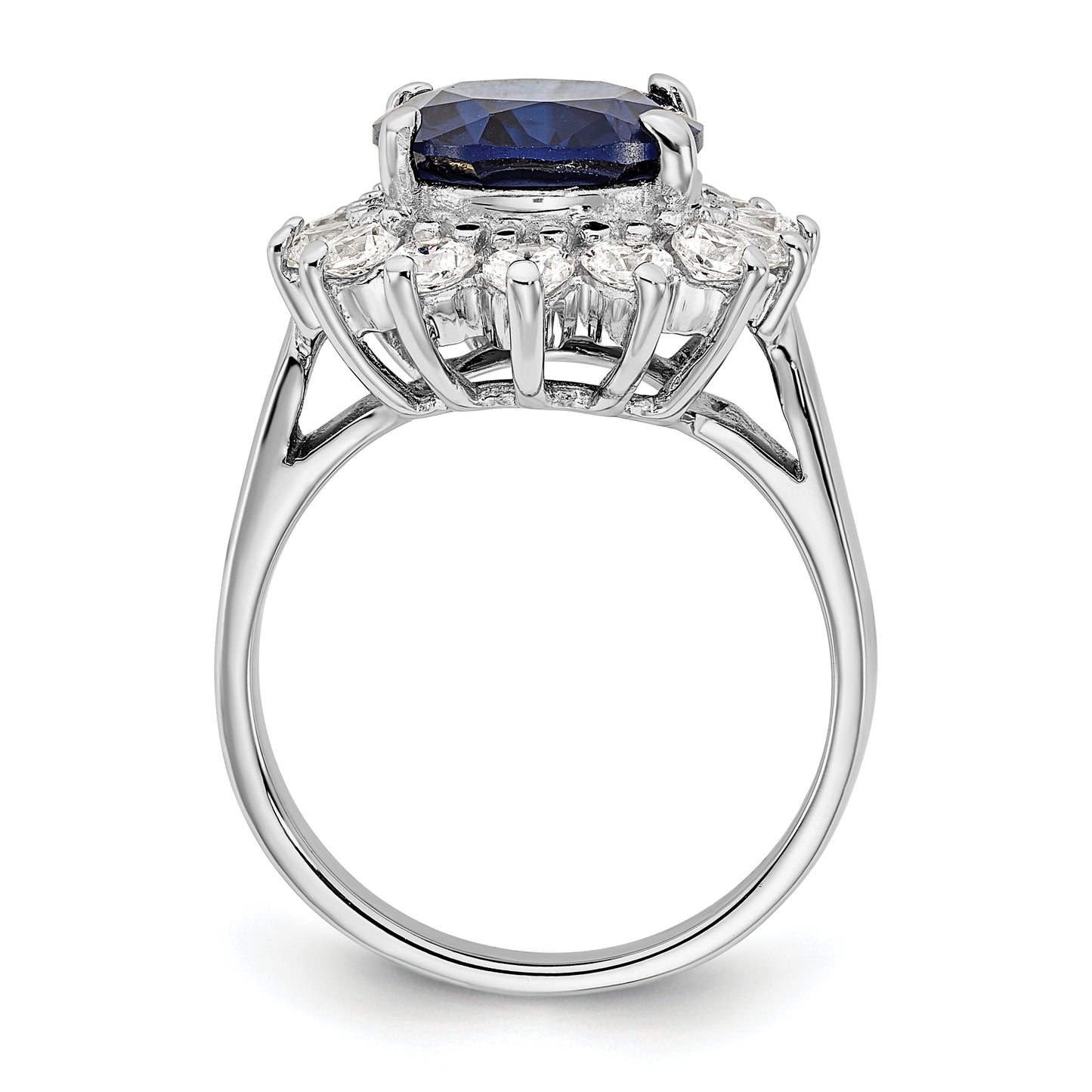 Sterling Silver Cheryl M Rhodium-Plated Brilliant-Cut Lab Created Dark Blue Spinel And White Cz Oval Halo Ring