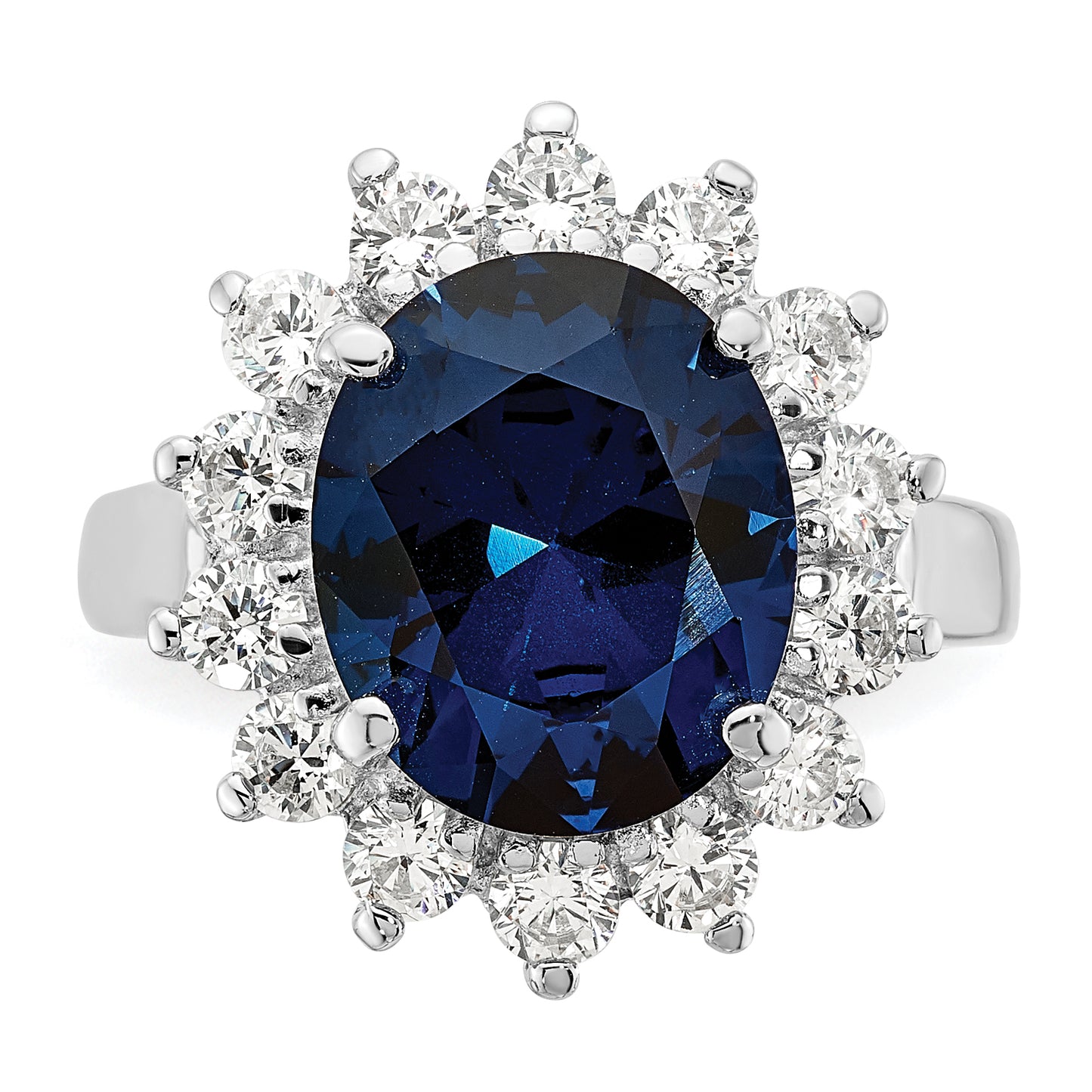 Sterling Silver Cheryl M Rhodium-Plated Brilliant-Cut Lab Created Dark Blue Spinel And White Cz Oval Halo Ring