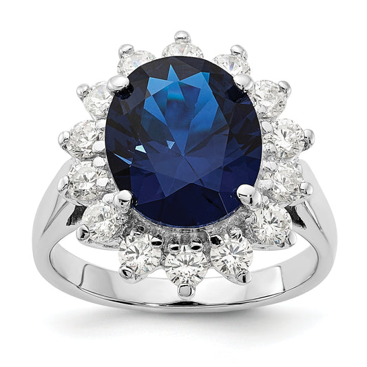 Sterling Silver Cheryl M Rhodium-Plated Brilliant-Cut Lab Created Dark Blue Spinel And White Cz Oval Halo Ring