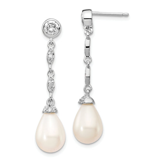 Sterling Silver Cheryl M Rhodium-Plated Teardrop Freshwater Cultured Pearl And Brilliant-Cut Cz Post Dangle Earrings