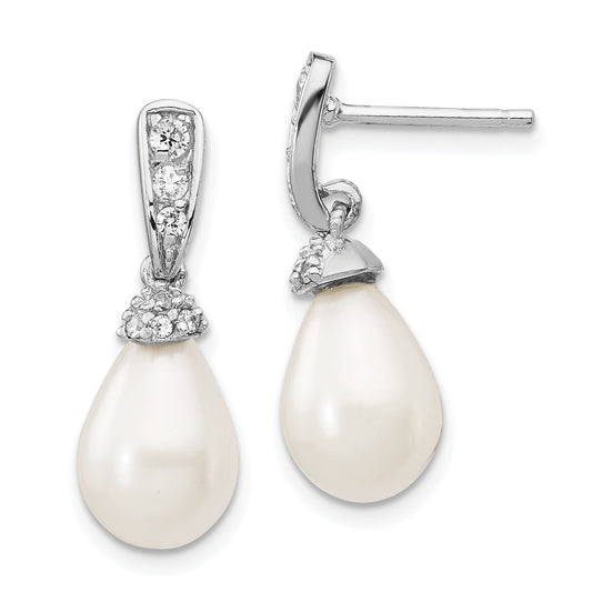 Sterling Silver Cheryl M Rhodium-Plated Teardrop White Freshwater Cultured Pearl And Brilliant-Cut Cz Post Dangle Earrings