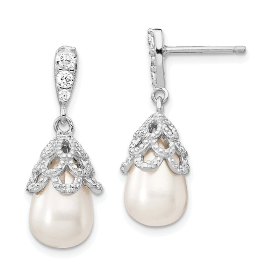 Sterling Silver Cheryl M Rhodium-Plated Teardrop White Freshwater Cultured Pearl And Brilliant-Cut Cz Post Dangle Earrings