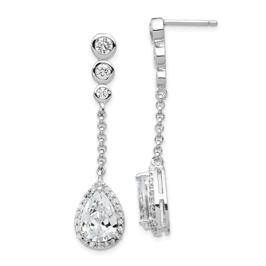 Sterling Silver Cheryl M Rhodium-Plated Brilliant-Cut Cz Bezel & Teardrop Halo Post Dangle Earrings