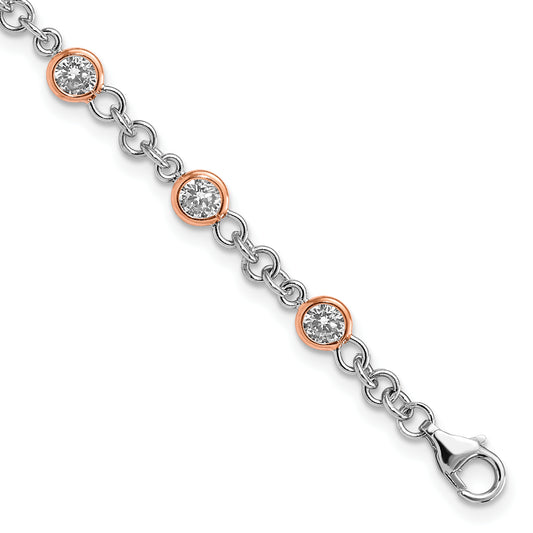 Sterling Silver Cheryl M Rhodium-Plated And Rose Gold-Plated Accent Brilliant-Cut Cz Bezel 11 Station 7.25 Inch Bracelet