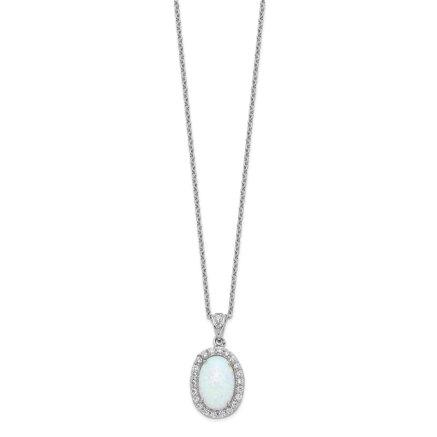 Sterling Silver Cheryl M Rhodium-Plated Cabochon Lab Created Opal And Brilliant-Cut Cz Oval Halo 18 Inch Necklace