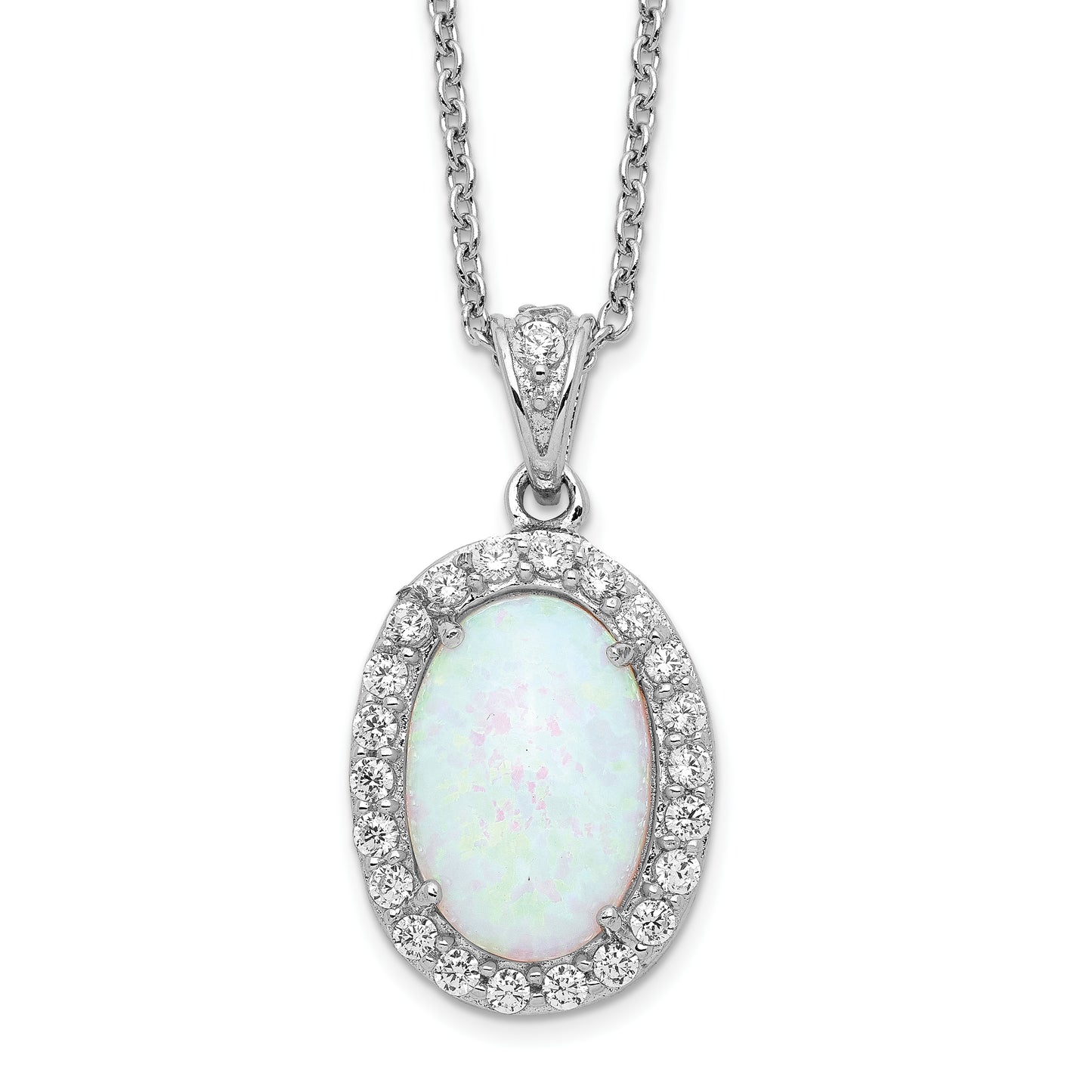 Sterling Silver Cheryl M Rhodium-Plated Cabochon Lab Created Opal And Brilliant-Cut Cz Oval Halo 18 Inch Necklace