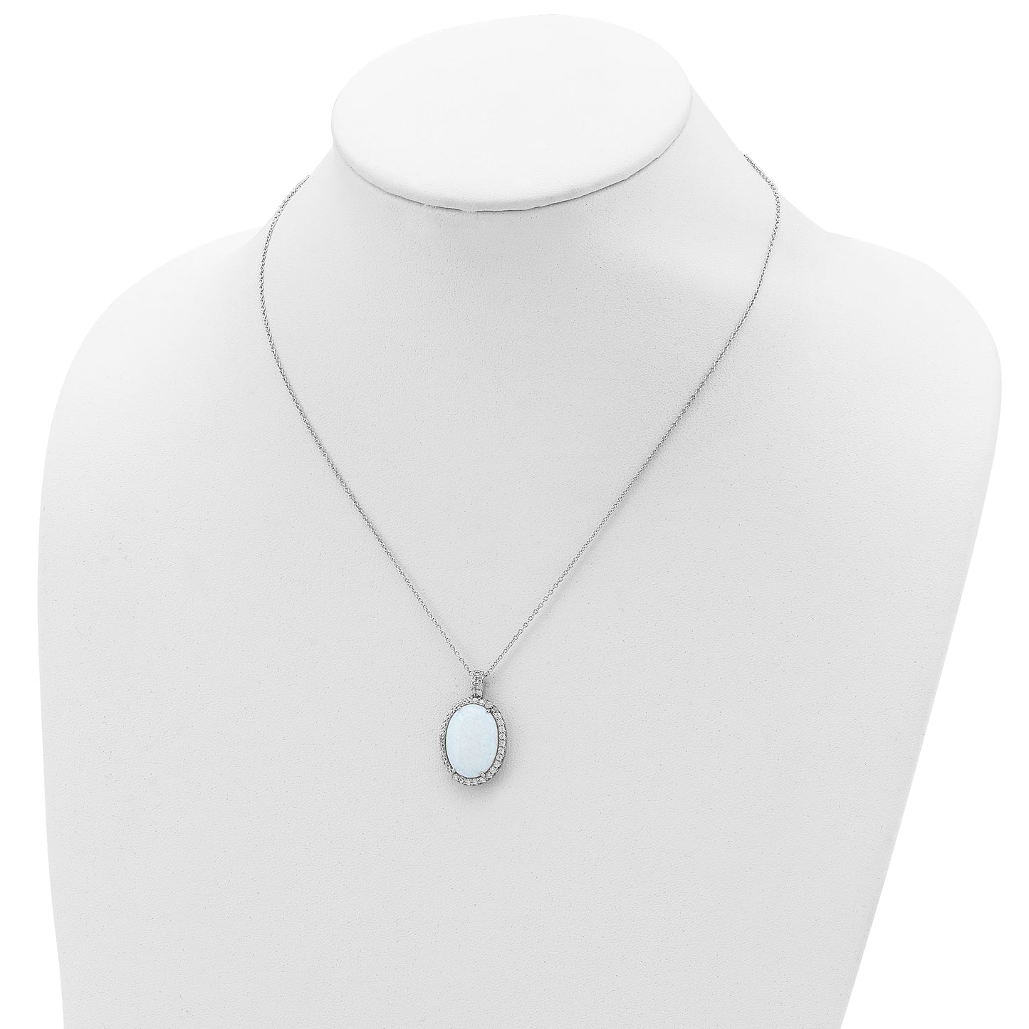 Sterling Silver Cheryl M Rhodium-Plated Cabochon Lab Created Opal And Brilliant-Cut Cz Oval Halo 18 Inch Necklace