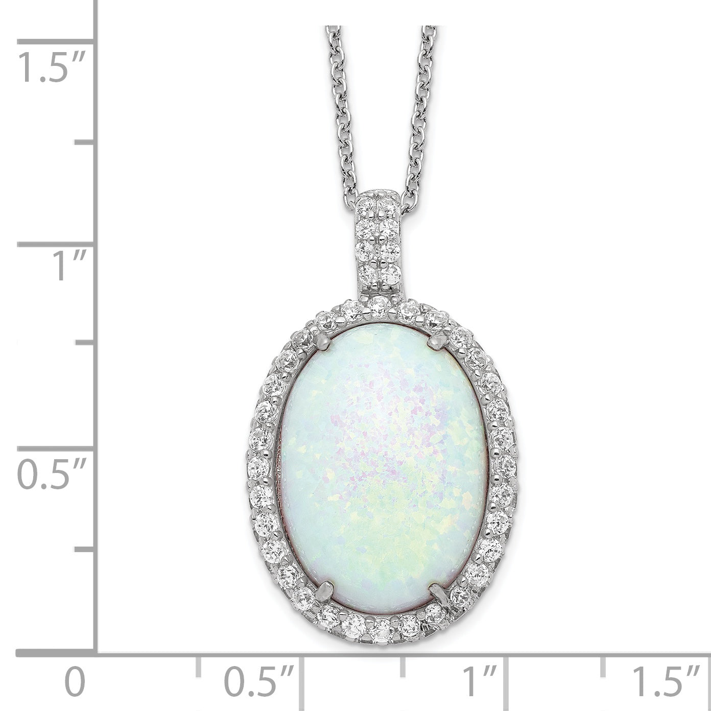 Sterling Silver Cheryl M Rhodium-Plated Cabochon Lab Created Opal And Brilliant-Cut Cz Oval Halo 18 Inch Necklace