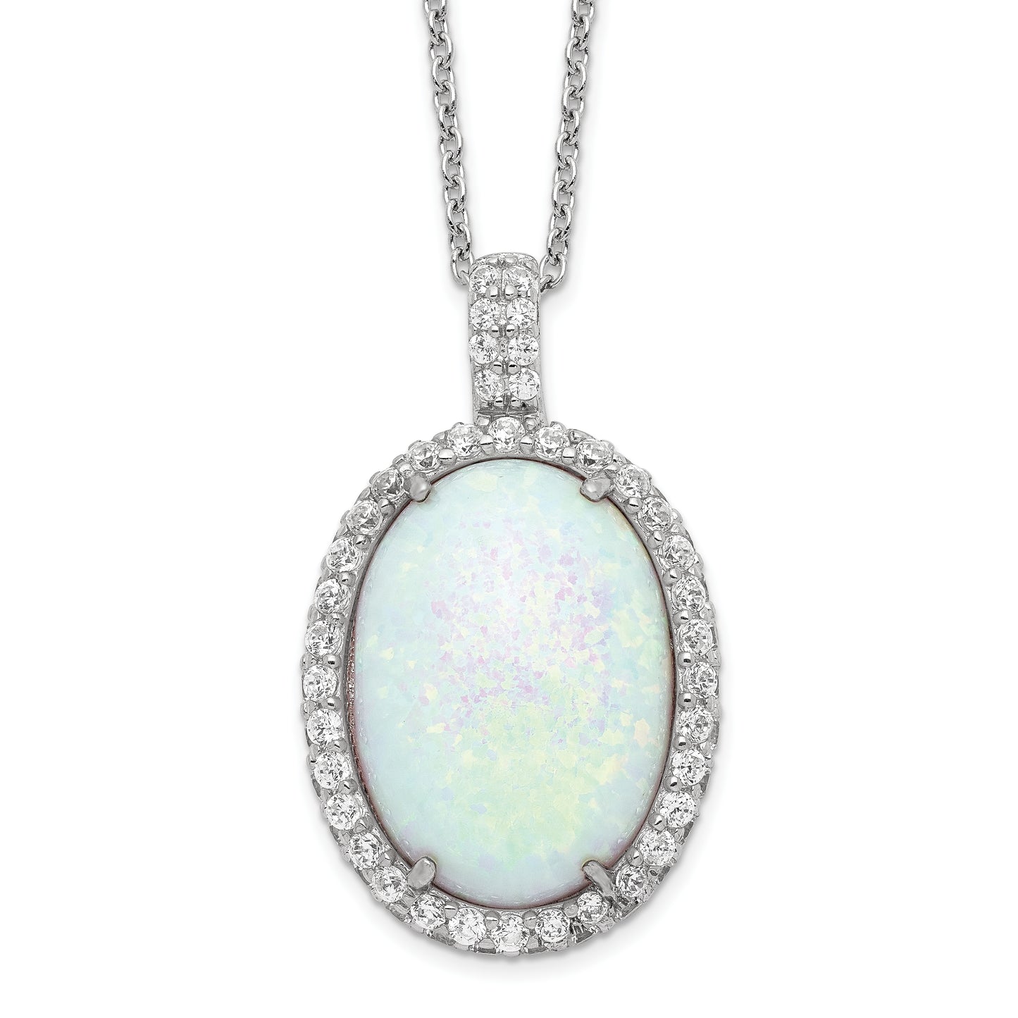 Sterling Silver Cheryl M Rhodium-Plated Cabochon Lab Created Opal And Brilliant-Cut Cz Oval Halo 18 Inch Necklace