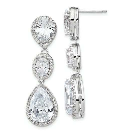 Sterling Silver Cheryl M Rhodium-Plated Brilliant-Cut Three Teardrop Cz Halo Post Dangle Earrings