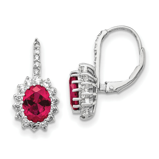 Sterling Silver Cheryl M Rhodium-Plated Brilliant-Cut Lab Created Ruby And White Cz Oval Halo Leverback Earrings