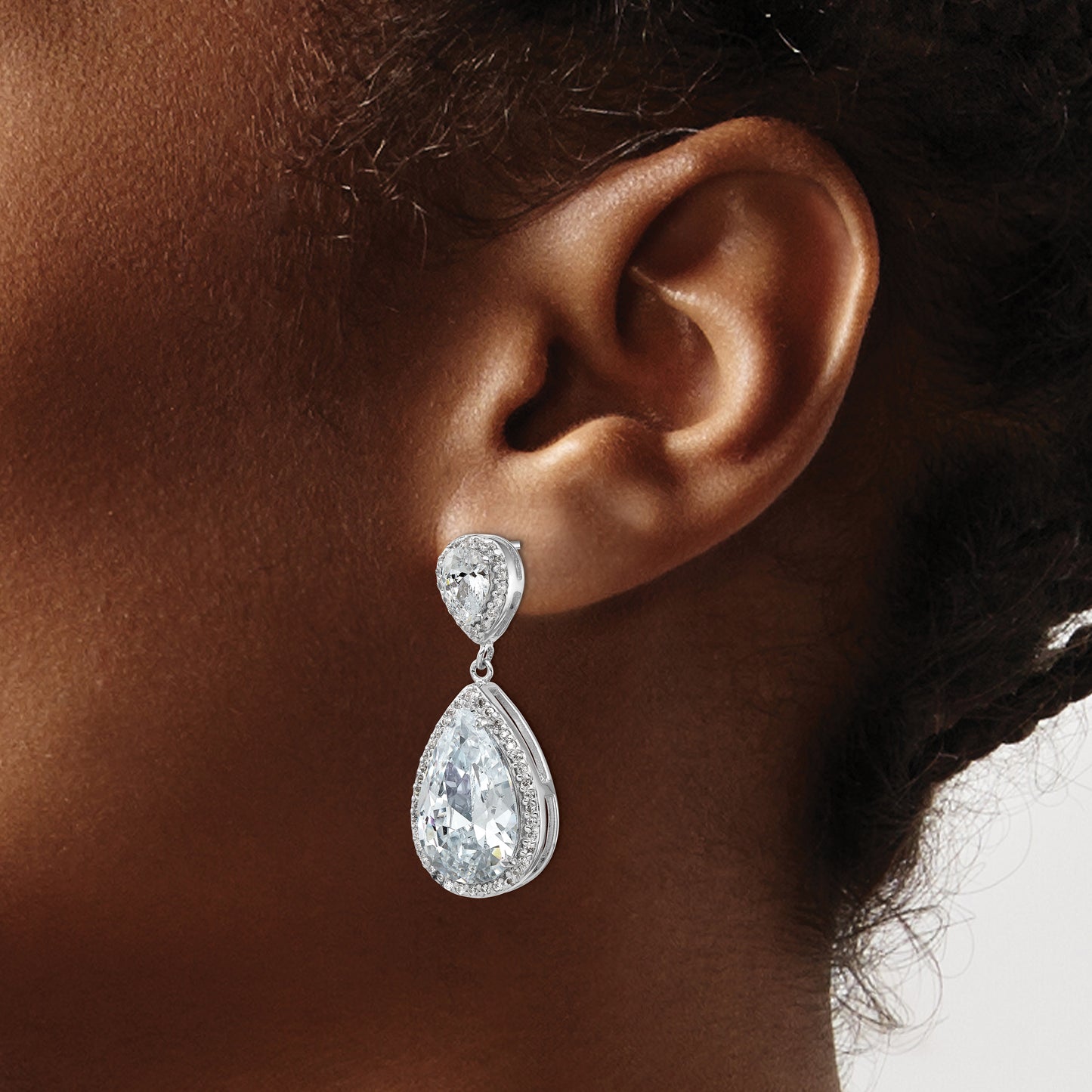 Sterling Silver Cheryl M Rhodium-Plated Fancy Brilliant-Cut Pear Shaped Cz Post Dangle Earrings