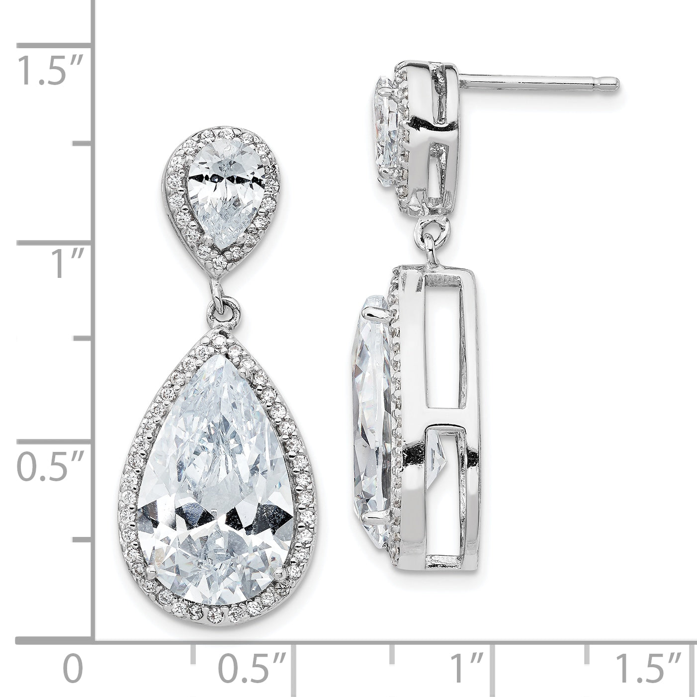 Sterling Silver Cheryl M Rhodium-Plated Fancy Brilliant-Cut Pear Shaped Cz Post Dangle Earrings