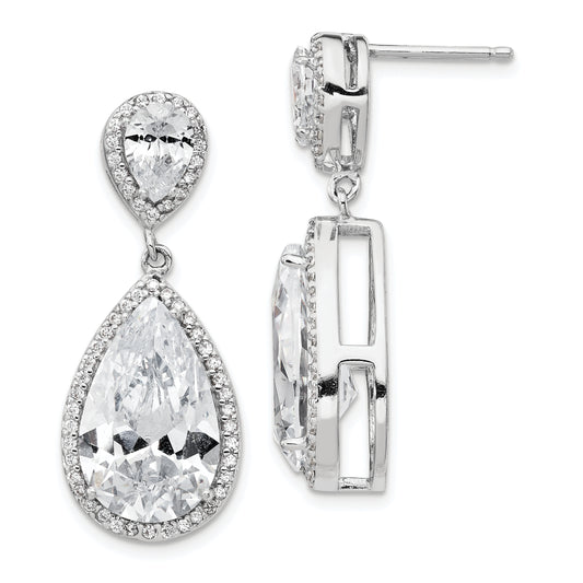 Sterling Silver Cheryl M Rhodium-Plated Fancy Brilliant-Cut Pear Shaped Cz Post Dangle Earrings