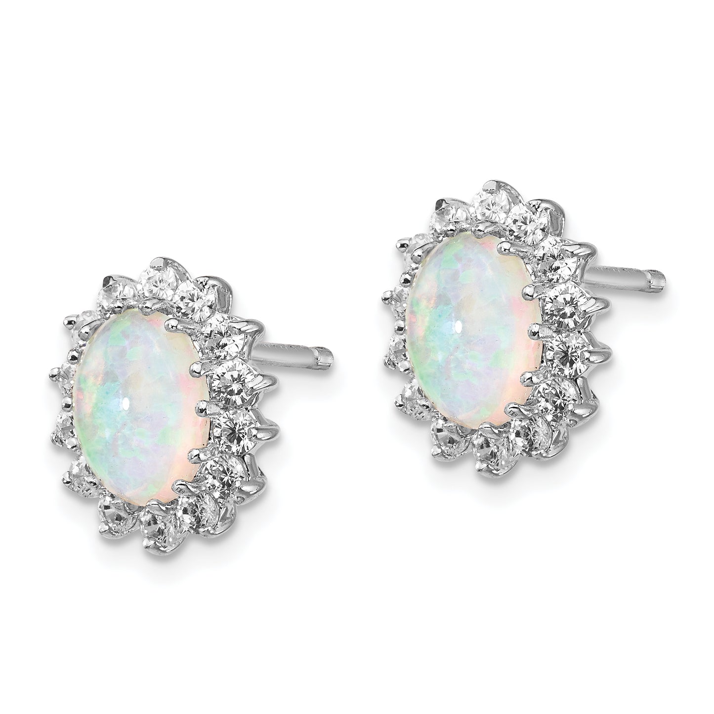 Sterling Silver Cheryl M Rhodium-Plated Cabochon Lab Created Opal And Brilliant-Cut Cz Oval Halo Post Earrings