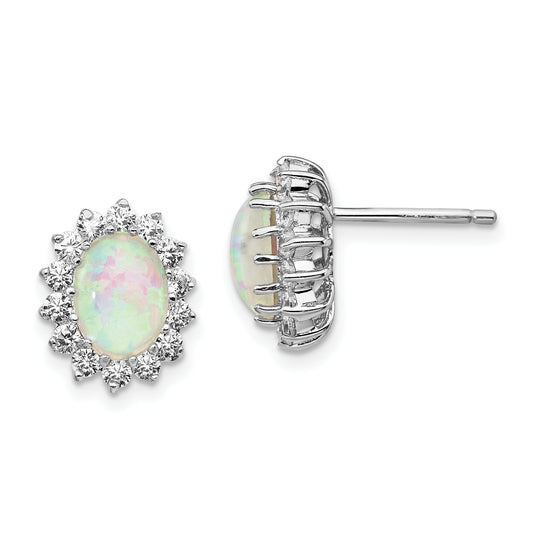 Sterling Silver Cheryl M Rhodium-Plated Cabochon Lab Created Opal And Brilliant-Cut Cz Oval Halo Post Earrings