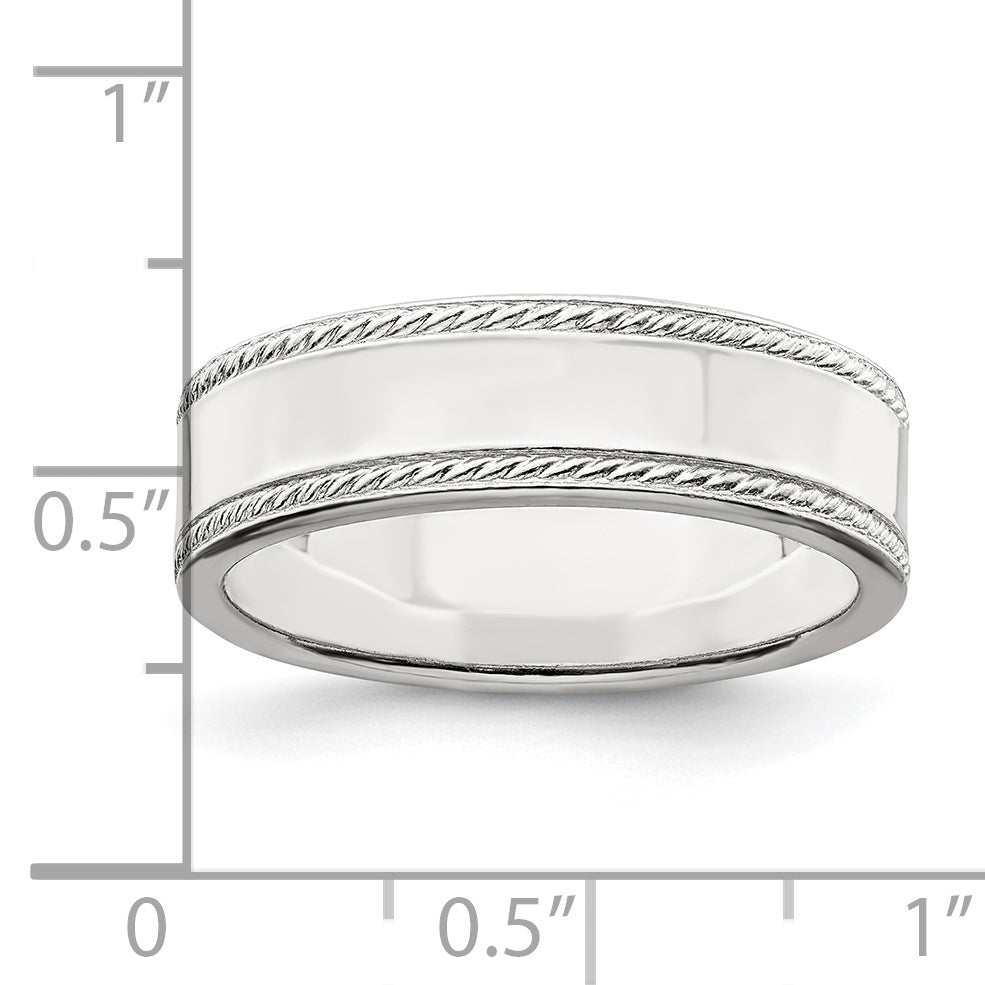 Sterling Silver Rhodium-Plated 6mm Flat With Rope Edge Size 10 Band