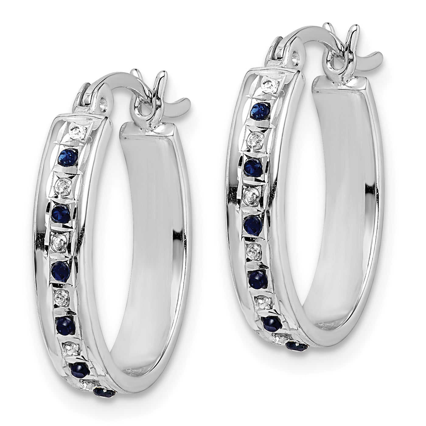 Sterling Silver Diamond Fascination Mystique Platinum-Plated And Sapphire Oval Hoop Earring