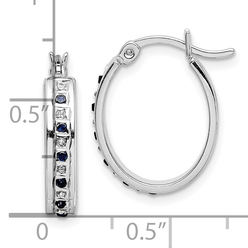 Sterling Silver Diamond Fascination Mystique Platinum-Plated And Sapphire Oval Hoop Earring