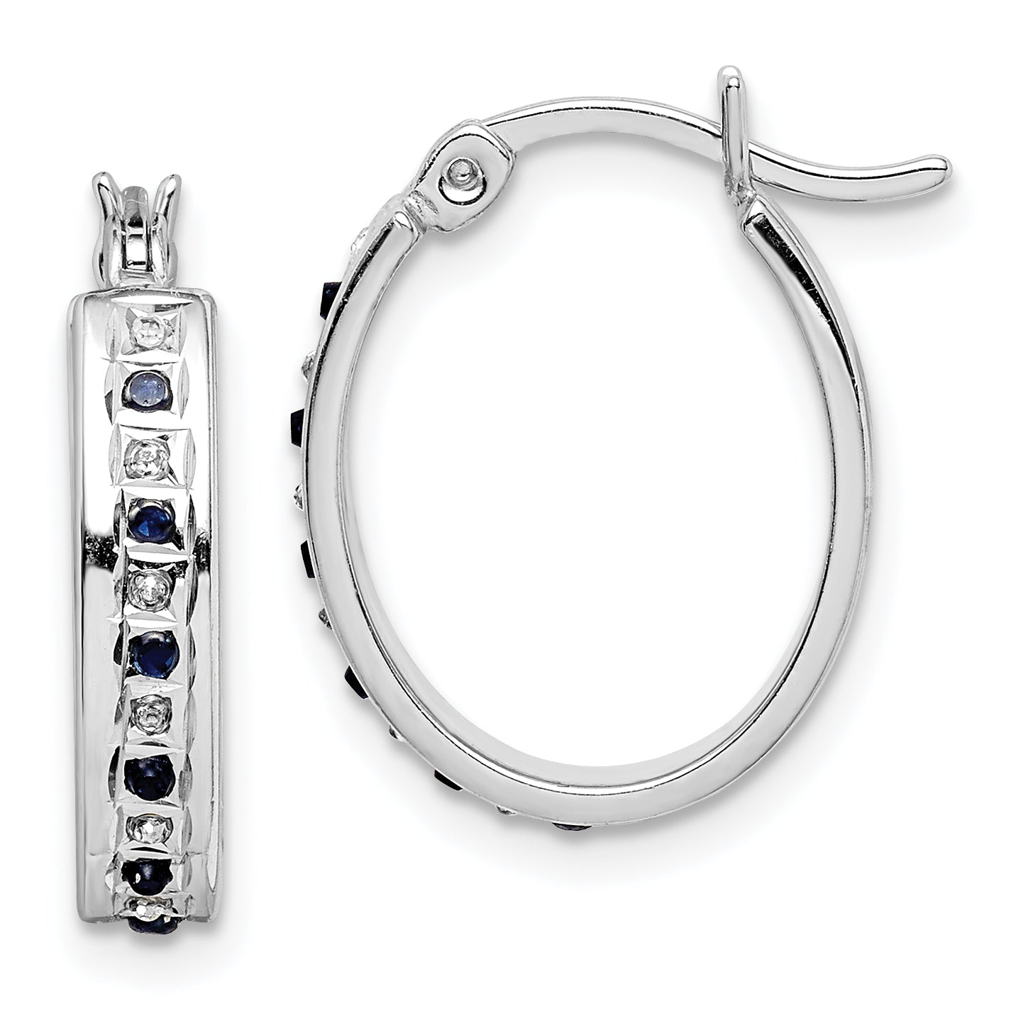 Sterling Silver Diamond Fascination Mystique Platinum-Plated And Sapphire Oval Hoop Earring