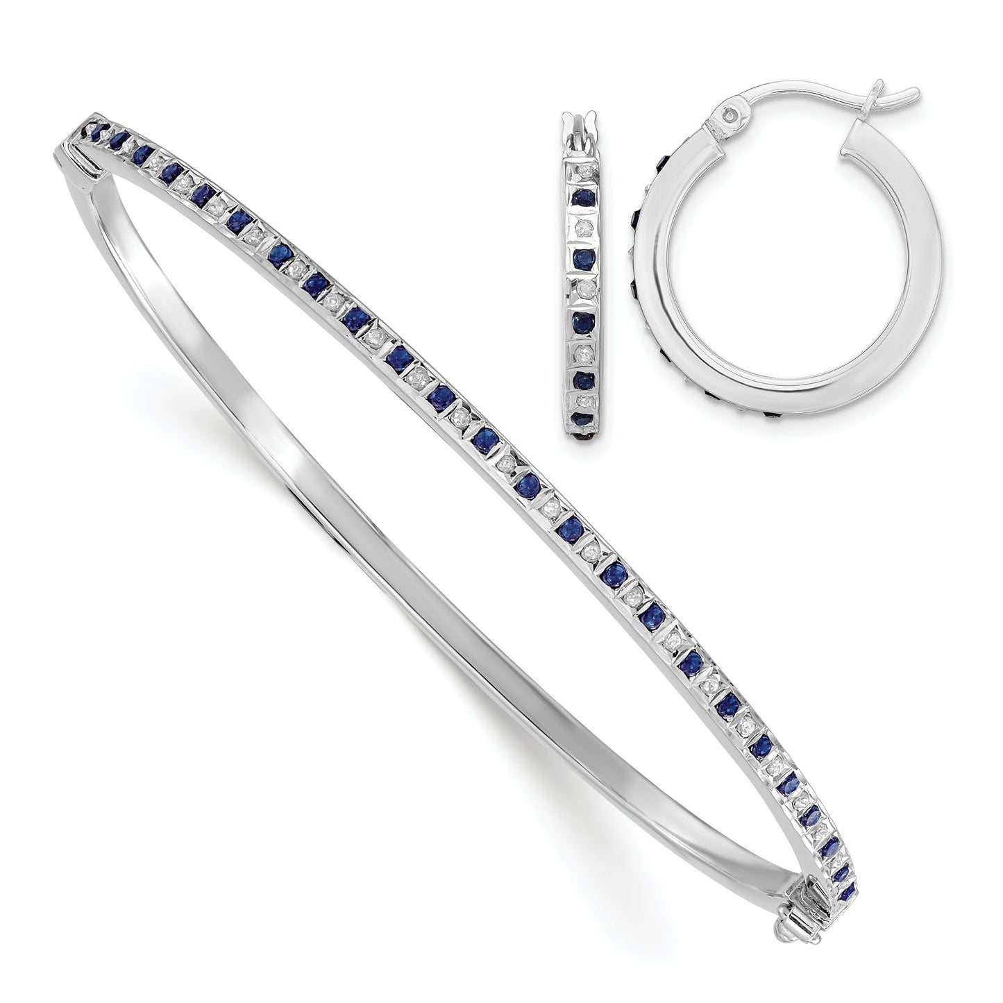 Sterling Silver Diamond Fascination Mystique Platinum-Plated And Sapphire Hoop Earrings Bangle Set