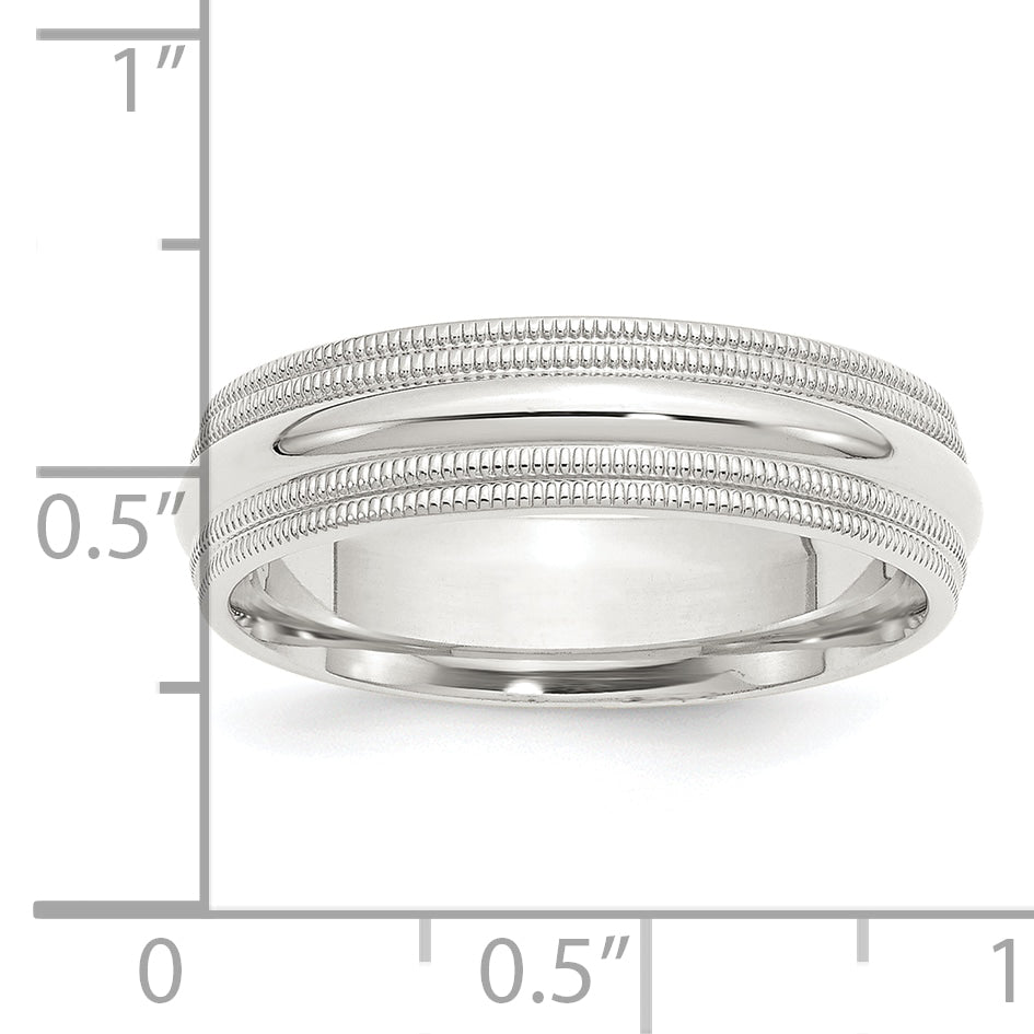 Sterling Silver Rhodium 6mm Comfort Fit Double Milgrain Size 12 Band