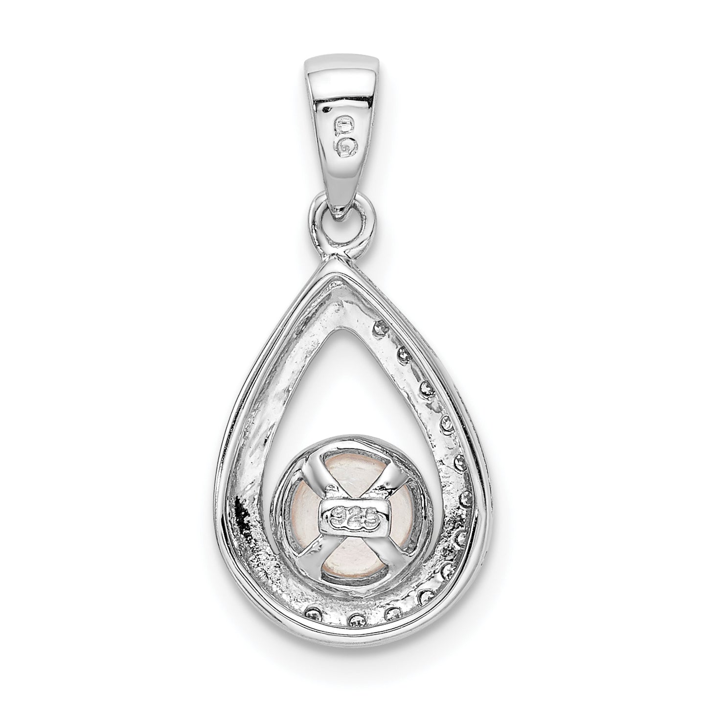 Sterling Silver Rhodium 6mm Fw Cltrd Pearl & Diamond Teardrop Pendant