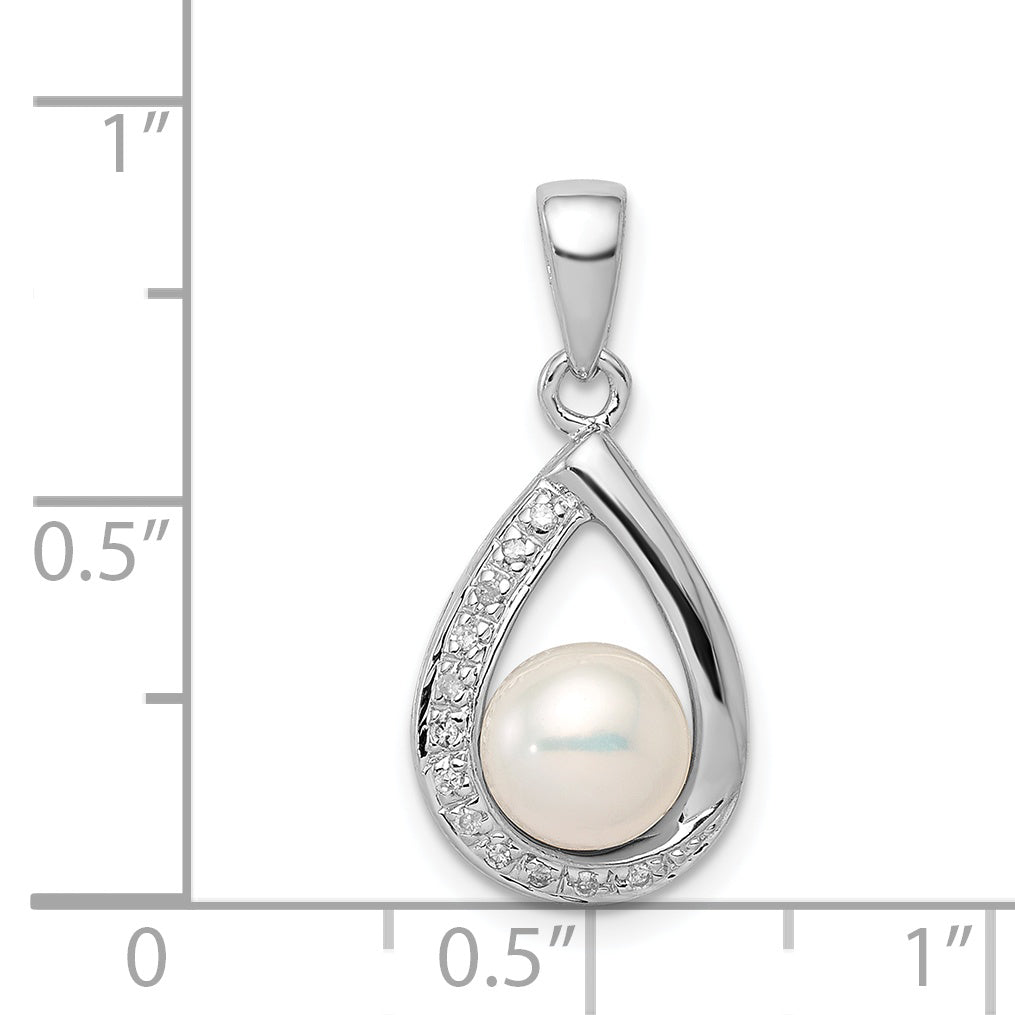 Sterling Silver Rhodium 6mm Fw Cltrd Pearl & Diamond Teardrop Pendant