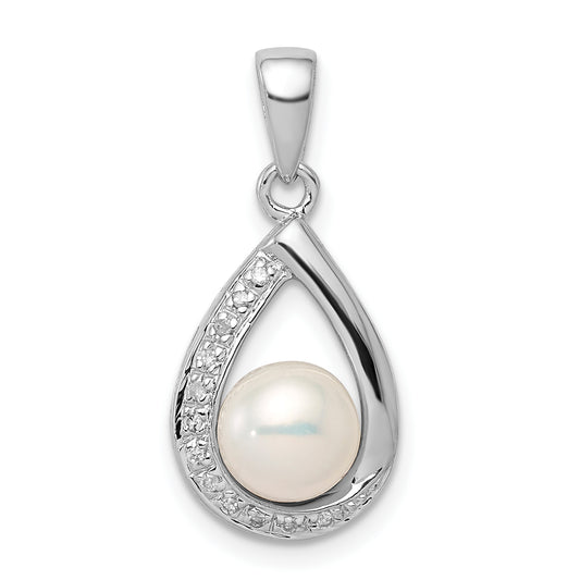 Sterling Silver Rhodium 6mm Fw Cltrd Pearl & Diamond Teardrop Pendant