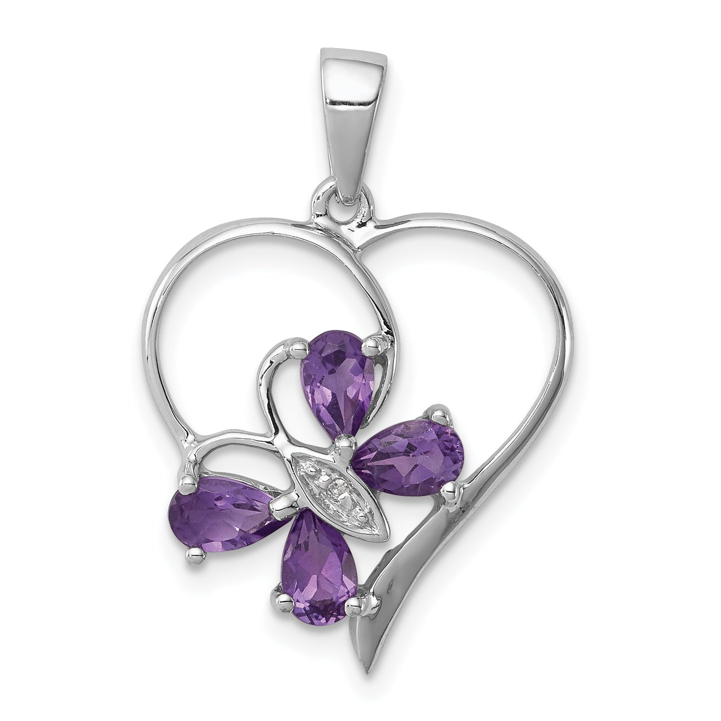 Sterling Silver Rh Plated Amethyst And Diamond Butterfly Heart Pendant