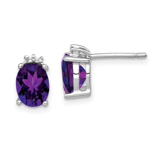 Sterling Silver Rhodium Plated Oval Amethyst And Diamond Post Earrings