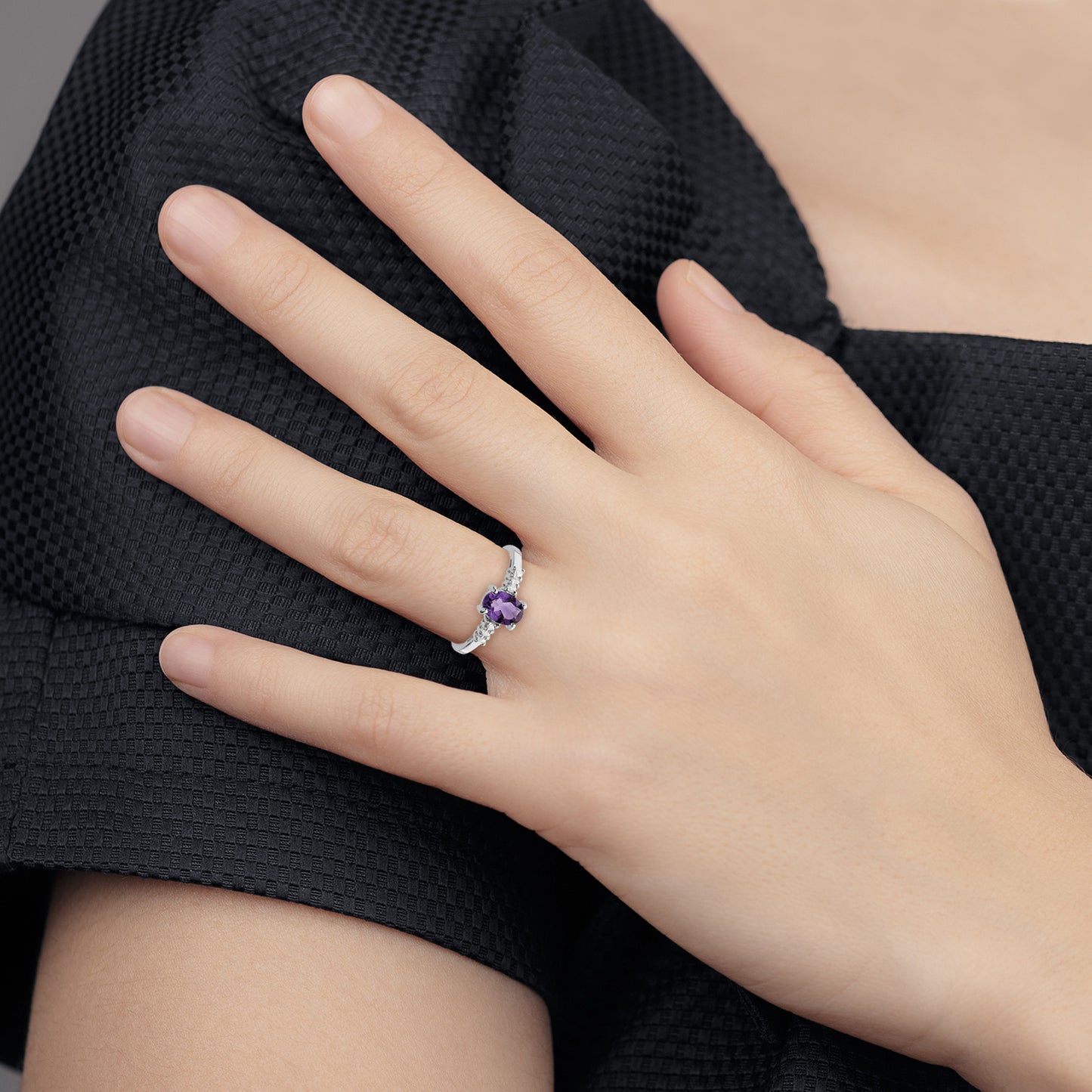 Sterling Silver Rhodium Amethyst & Diamond Ring