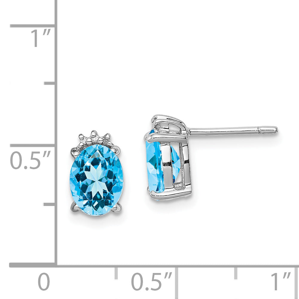 Sterling Silver Rhodium Plated Oval Blue Topaz And Diamond Post Earrings